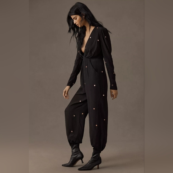 NEW Farm Rio Black Mirror Embroidered Jumpsuit L - Picture 2 of 4